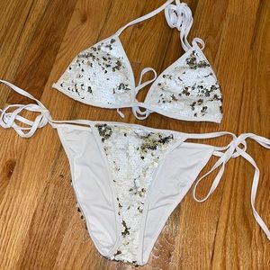 White and gold sequence bikini